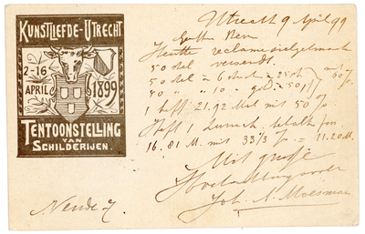 606516 Briefkaart met een aankondiging voor een tentoonstelling van schilderijen bij Kunstliefde Utrecht van 2 tot en ...